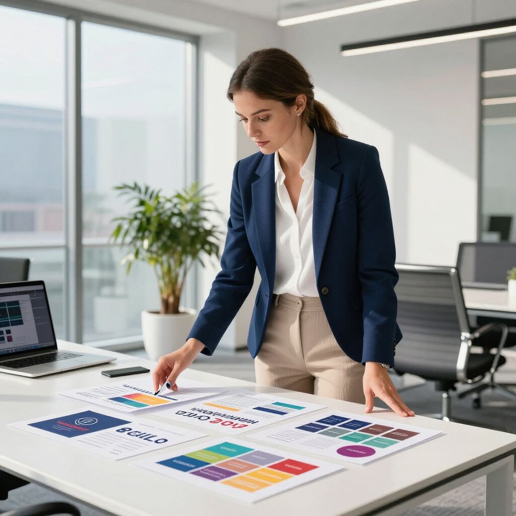 Woman in blazer reviewing charts at a desk in a modern office.