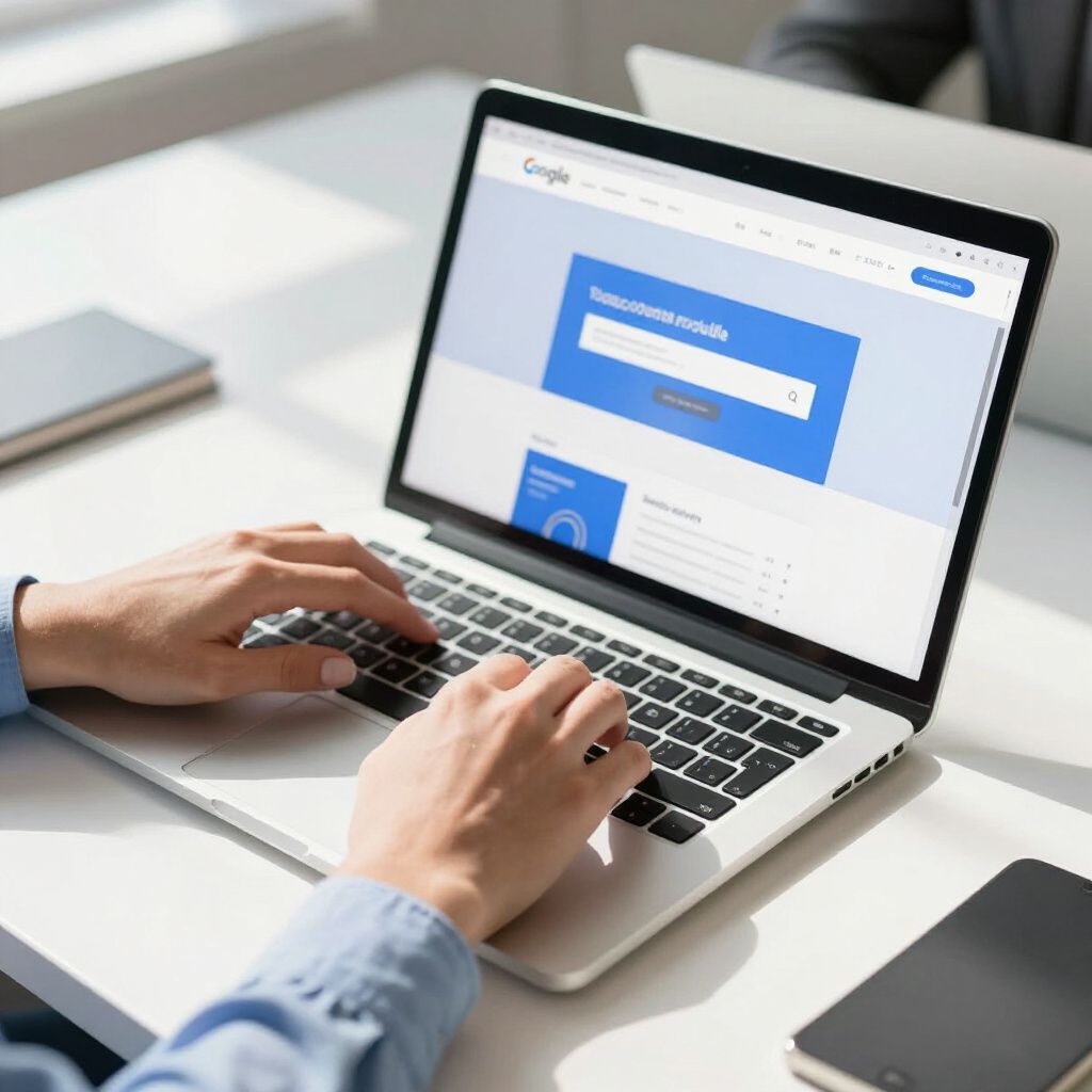 Person typing on a laptop with the Google search engine open on a white desk.