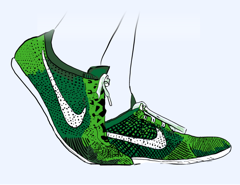 Green Nike running shoes with white swoosh logos.