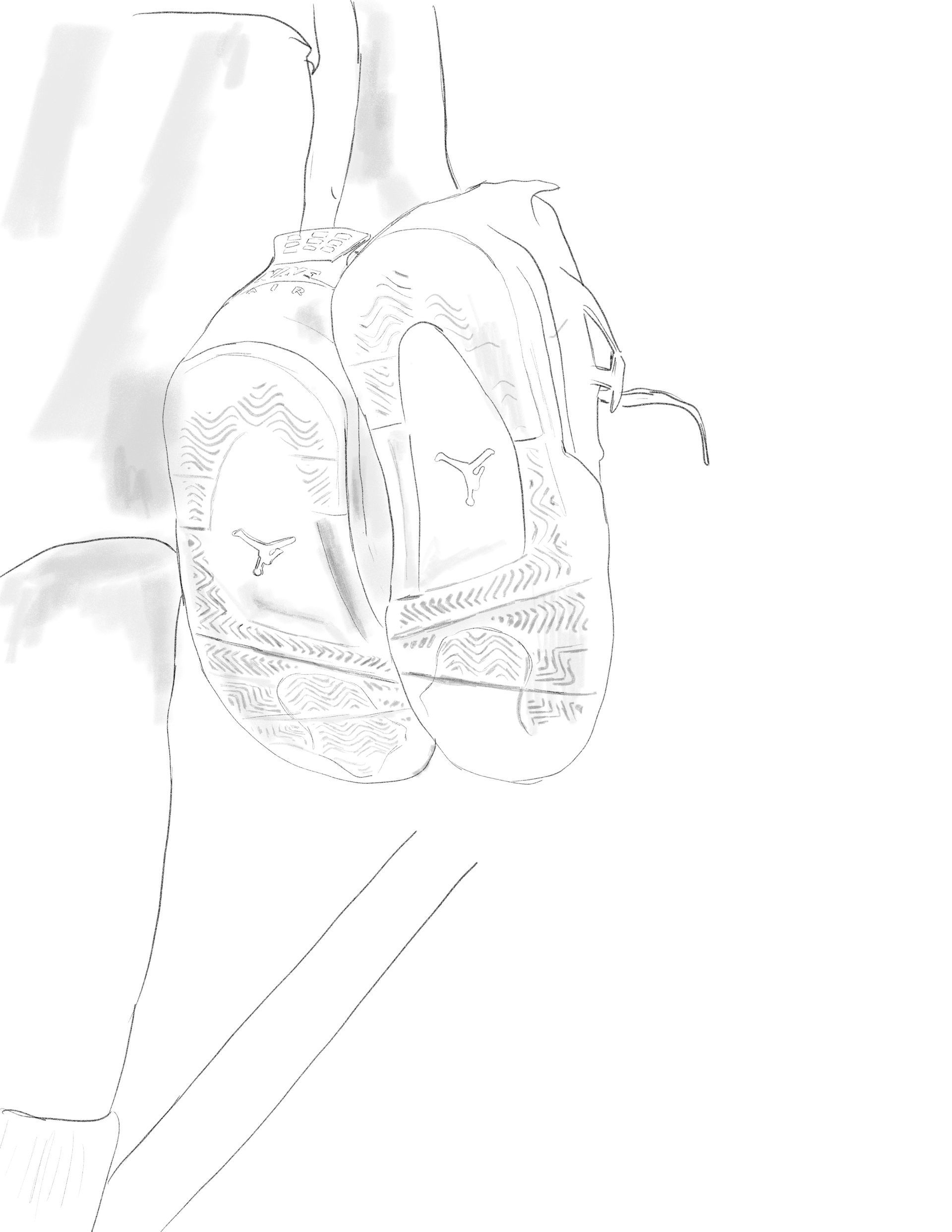 Headphones resting on a person's shoulder, black and white sketch.