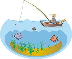 Karykatura przedstawiająca mężczyznę w łodzi łowiącego ryby