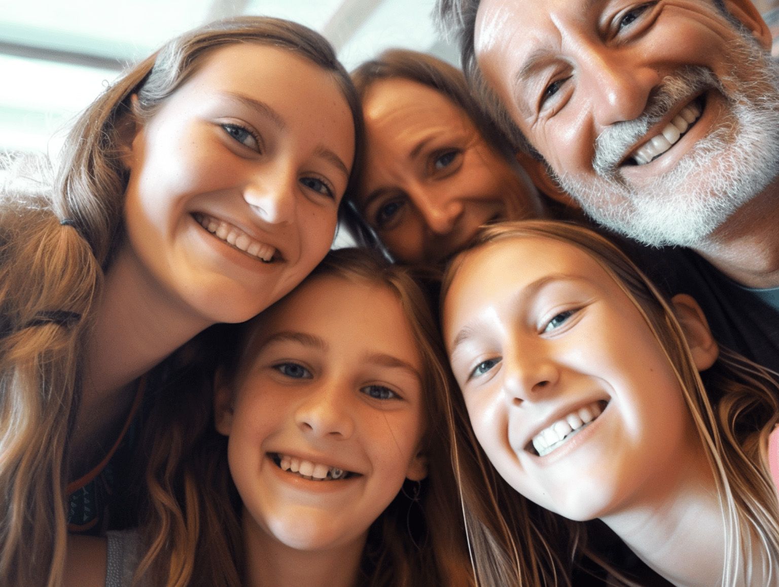 Een gezin poseert samen voor een foto en lacht naar de camera.