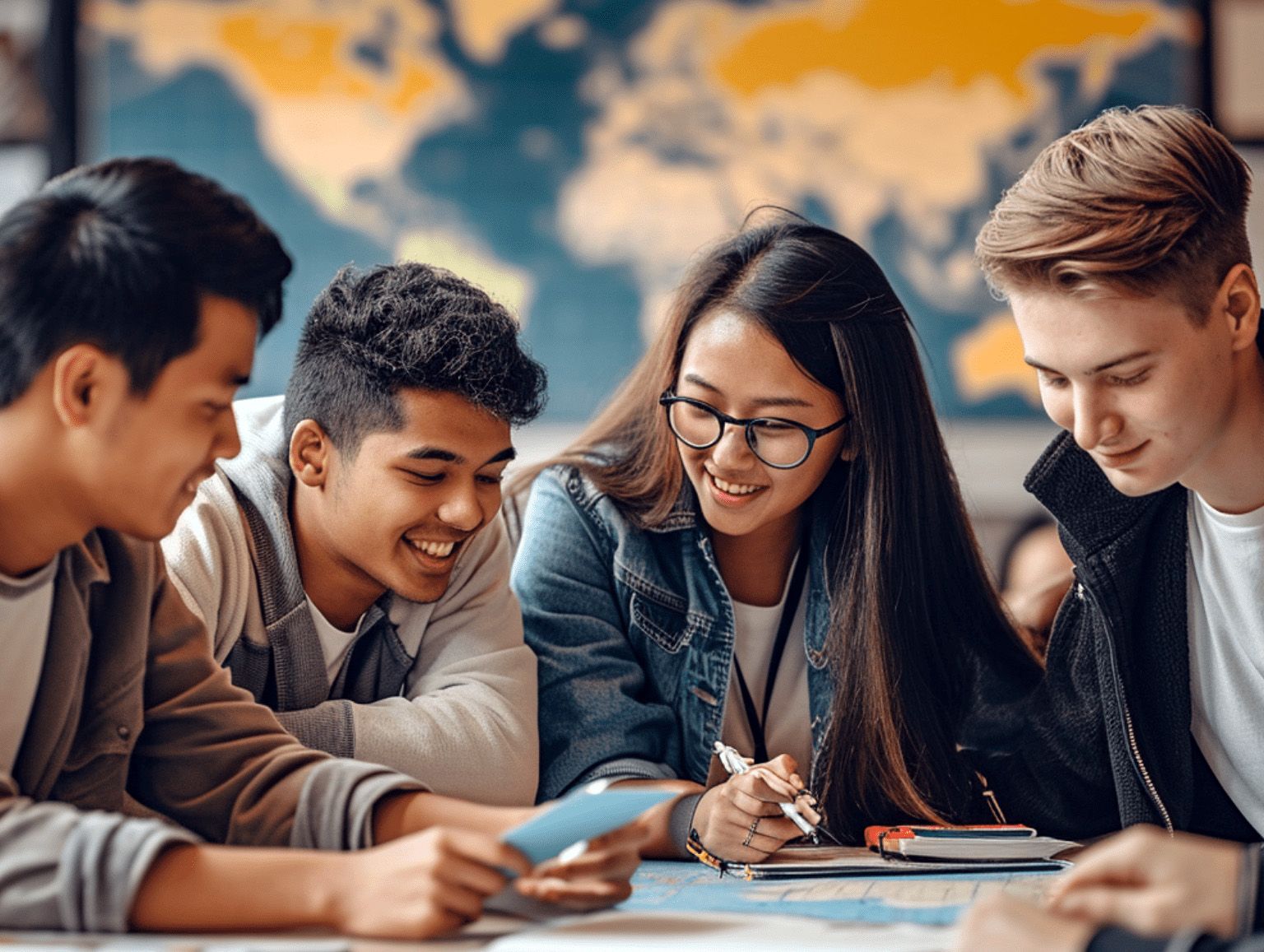 Een groep jongeren zit rond een tafel met een wereldkaart.