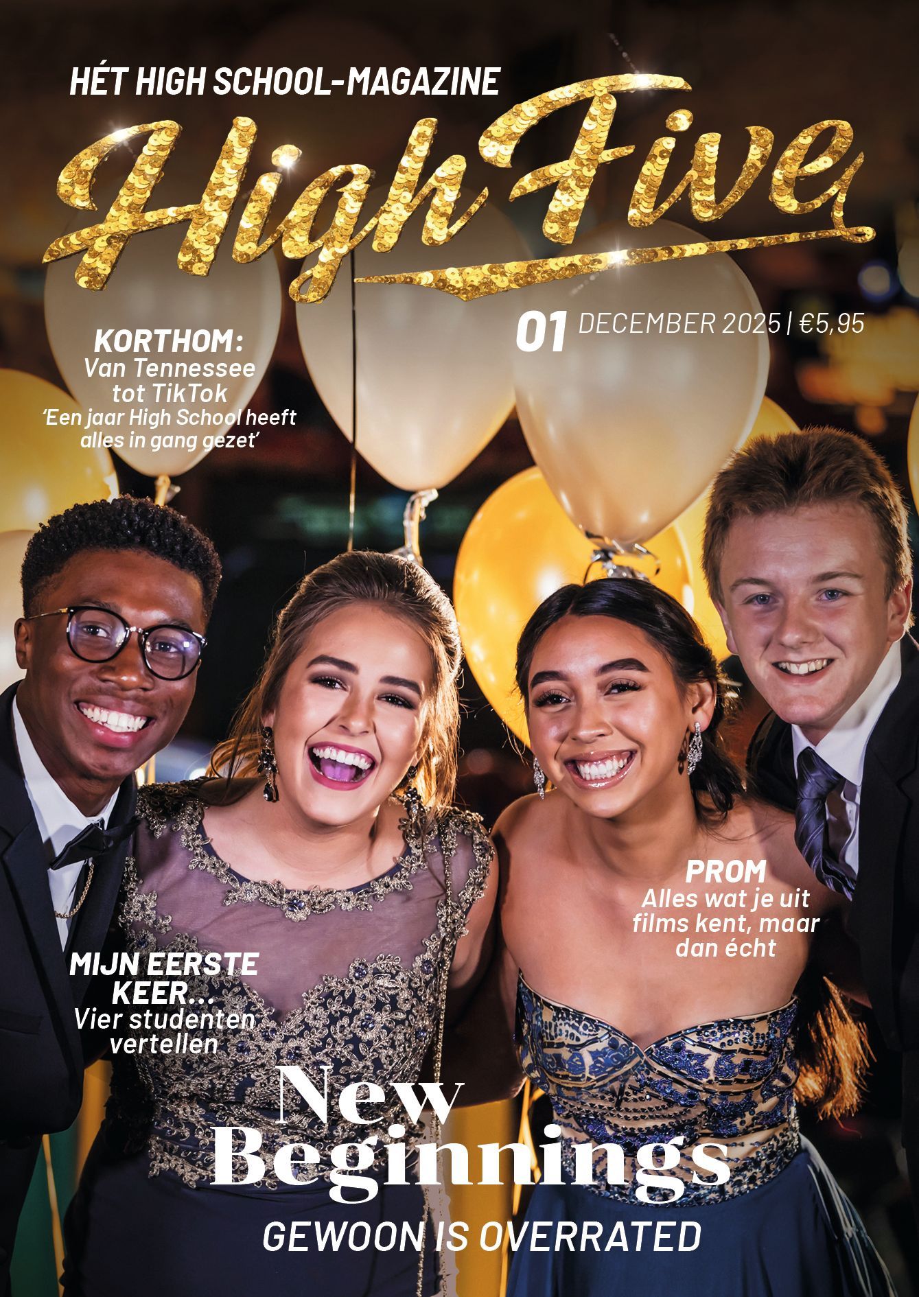 Een groep afgestudeerden staat op de cover van een tijdschrift genaamd High Five.