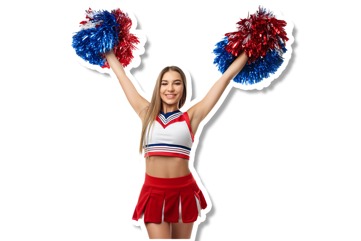 Een cheerleader houdt haar pompons in de lucht.