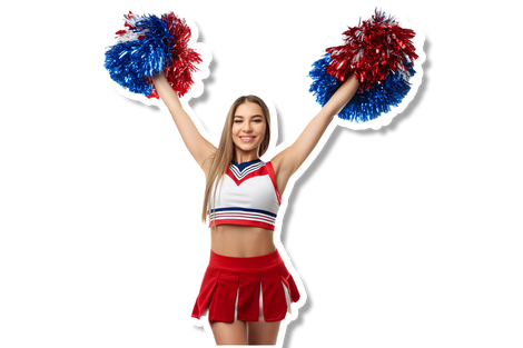 Een cheerleader houdt haar pompons in de lucht.