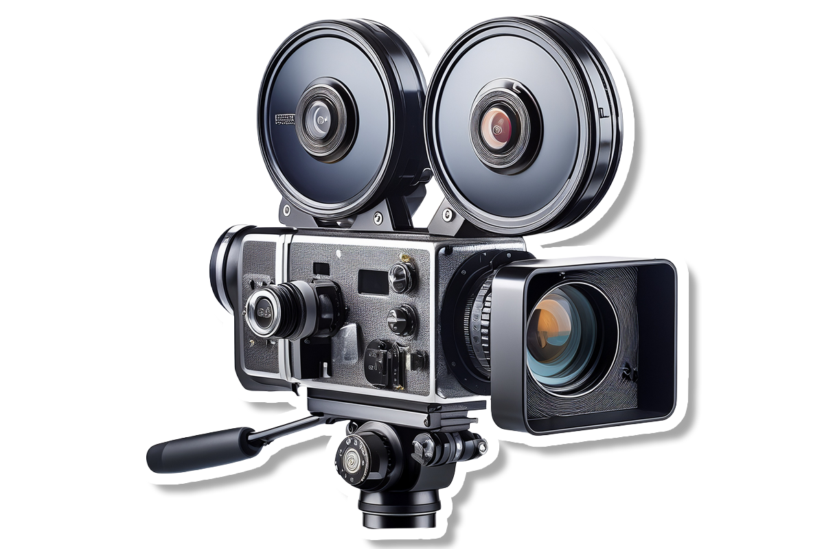Een ouderwetse filmcamera met twee lenzen op een statief