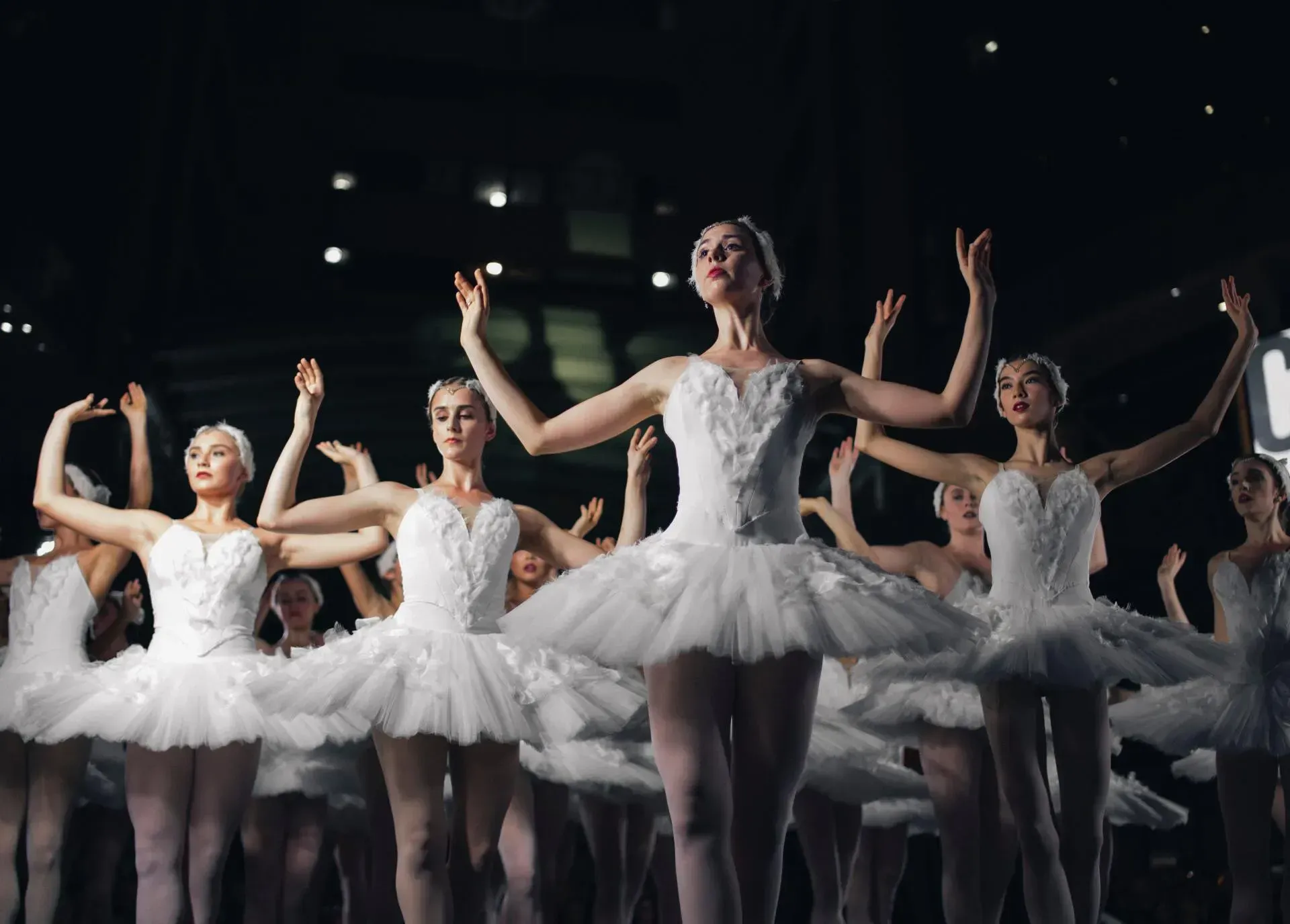 Ballet dancers in white tutus and headpieces, arms raised, on stage.