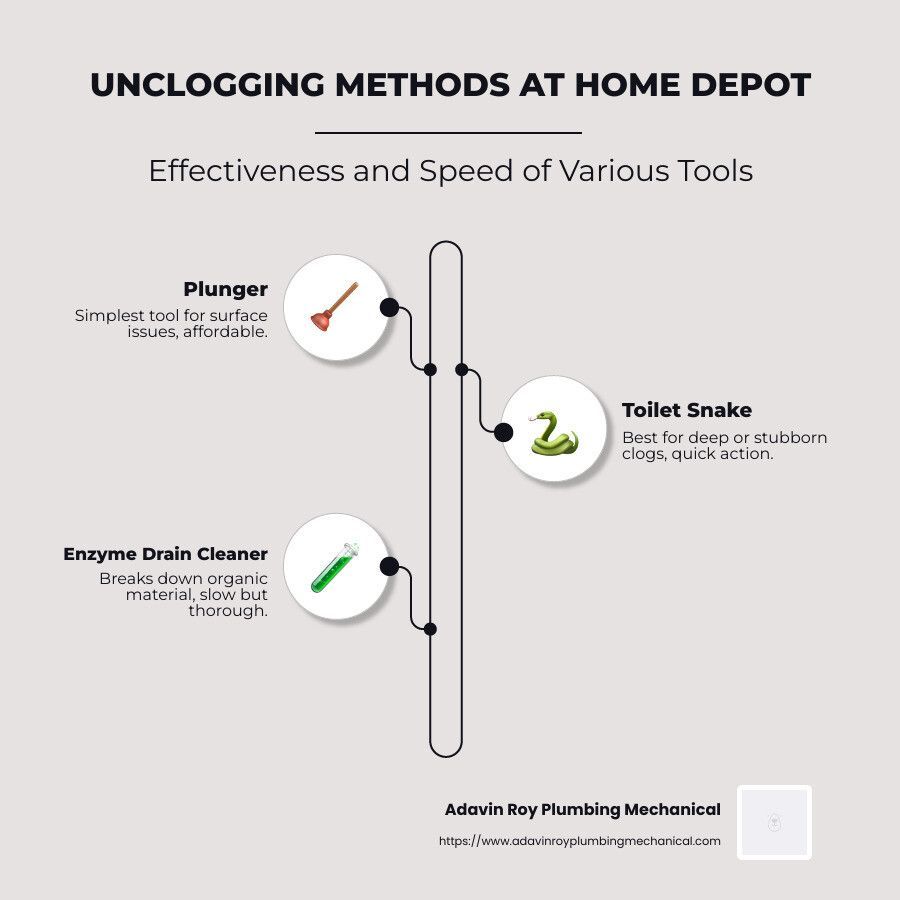 Infographic summarizing various unclogging methods: Plunger, Toilet Snake, Enzyme Drain Cleaner, detailing effectiveness and speed of each. Enzyme Drain Cleaner shown as slowest but most thorough, Toilet Snake as quickest for deep clogs, Plunger as simplest for surface issues. - home depot toilet unclogger infographic infographic-line-3-steps-neat_beige