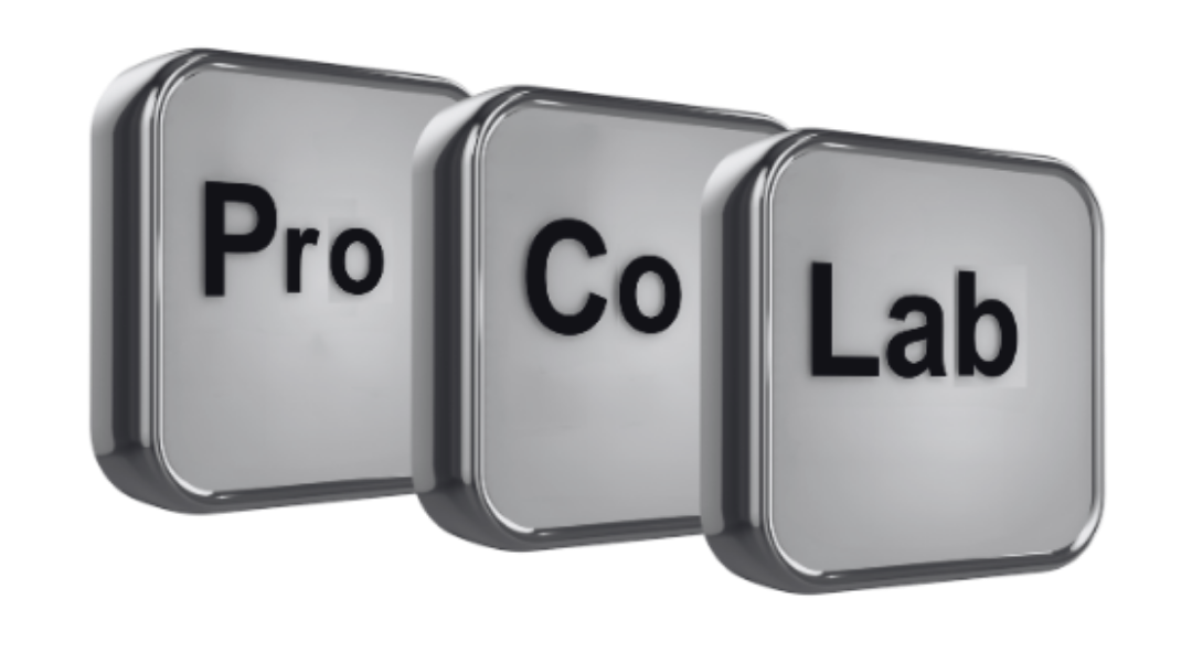 Three square buttons with the words pro co lab on them