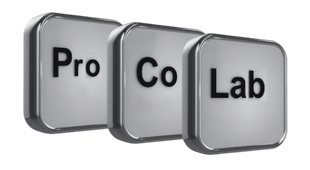 Three square buttons with the words pro co lab on them
