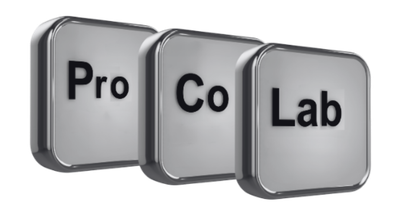 Three square buttons with the words pro co lab on them