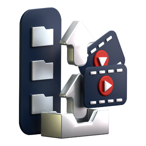 A 3d icon of a phone , folders , and a play button.