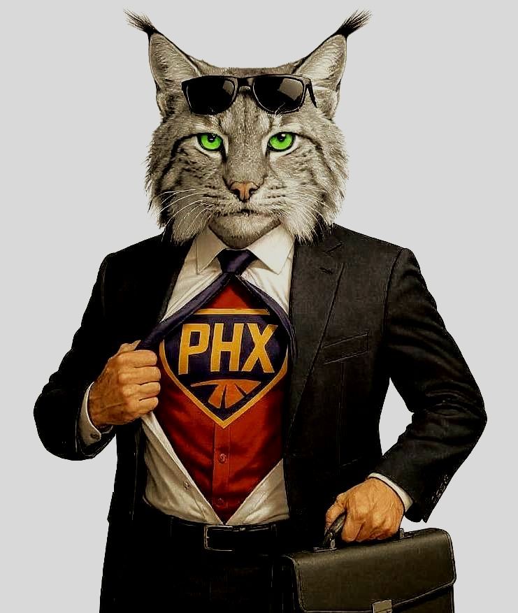A man with a cat head is wearing a phx shirt