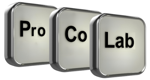 Three square buttons with the words pro co lab on them