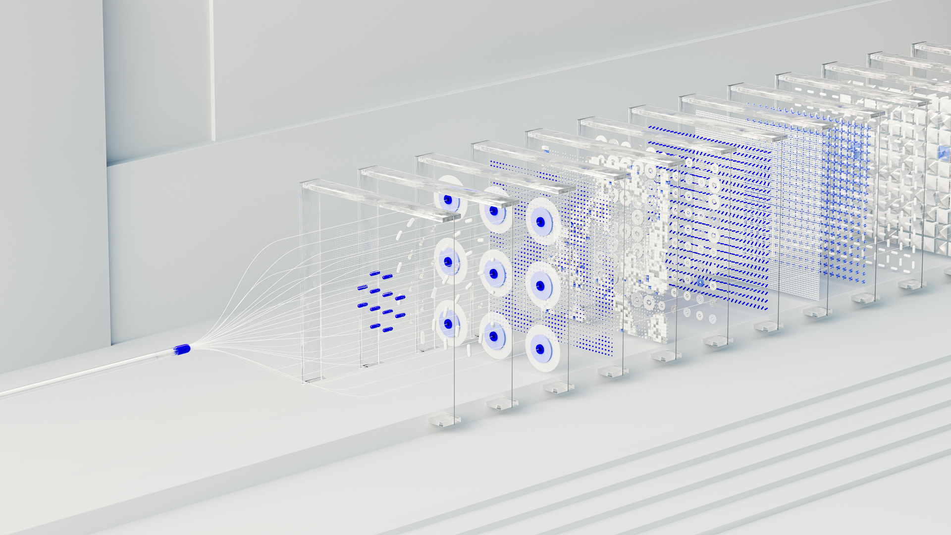 A row of shopping carts are lined up in a row on a white surface.