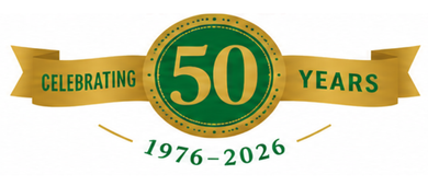Celebrating 50 years emblem in green and gold, with dates 1976–2026