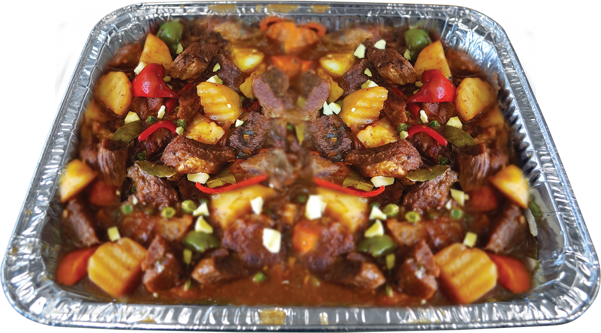 Tray filled with meat and vegetables - Beef Caldereta
