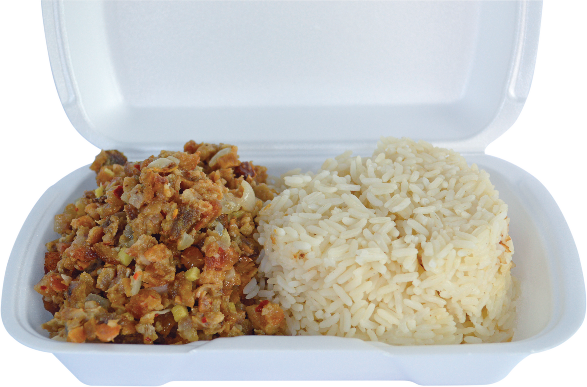 A styrofoam container filled with rice and meat.