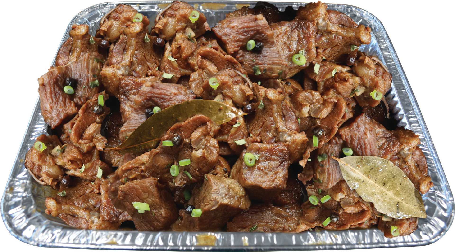 Aluminum foil tray filled with meat and vegetables on a white background.