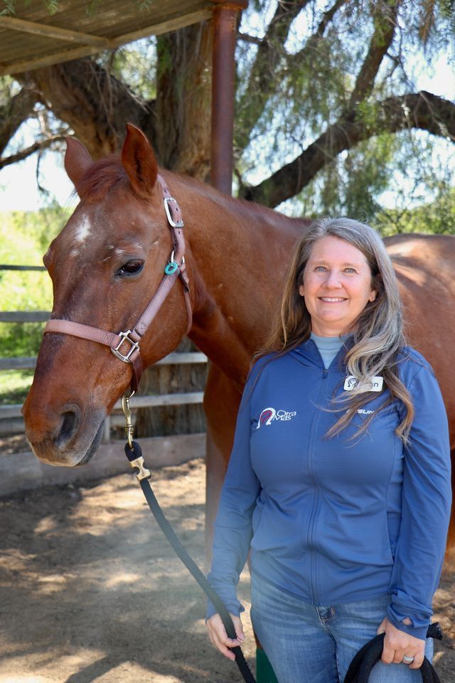 Woman in blue shirt stands beside a chestnut horse, under a tree.