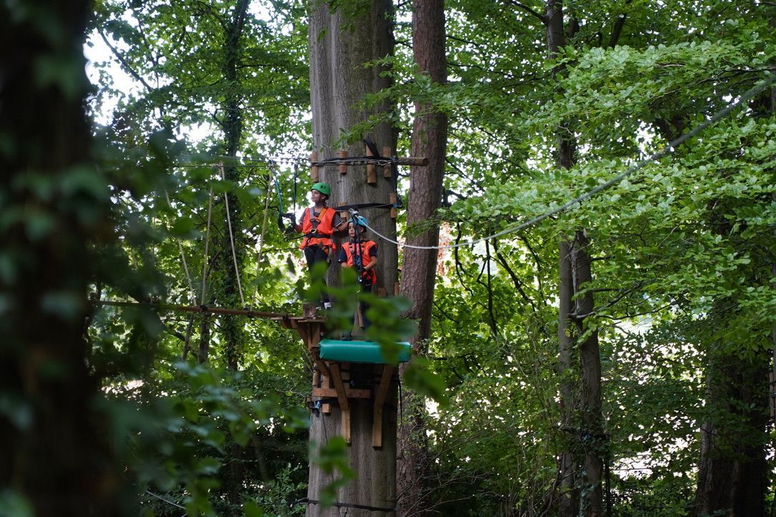 A person in a yellow shirt runs through a park holding a paper, giving a thumbs up.
