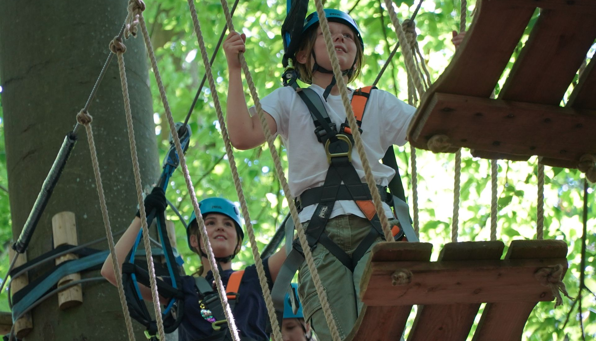 Children in safety harnesses on a ropes course, smiling while navigating wooden bridges and ropes in a forest.