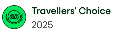 Tripadvisor Travelers' Choice Award 2024 badge in a teal circle, black text and owl emblem.