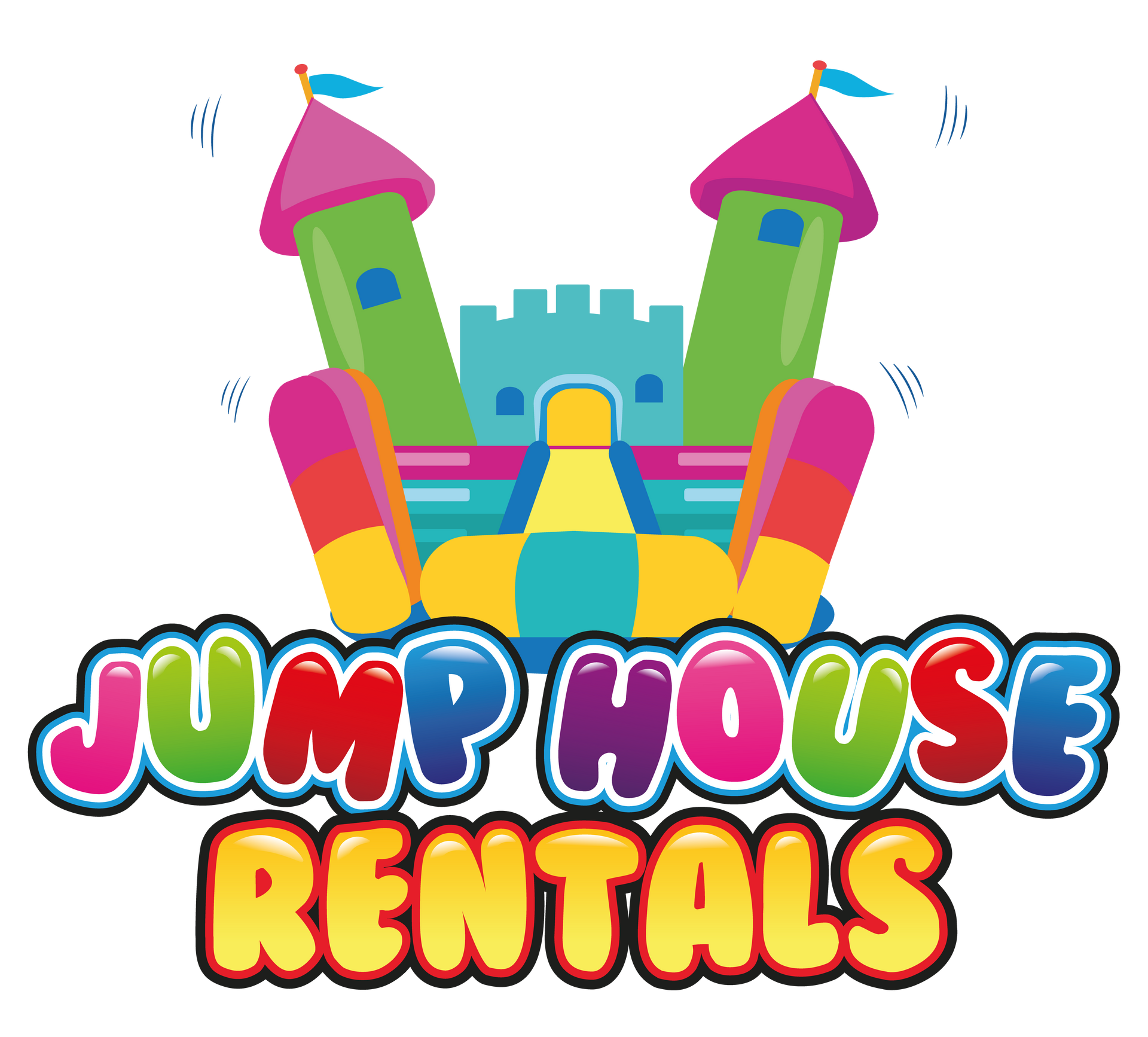 A colorful logo for jump house rentals with a castle in the background