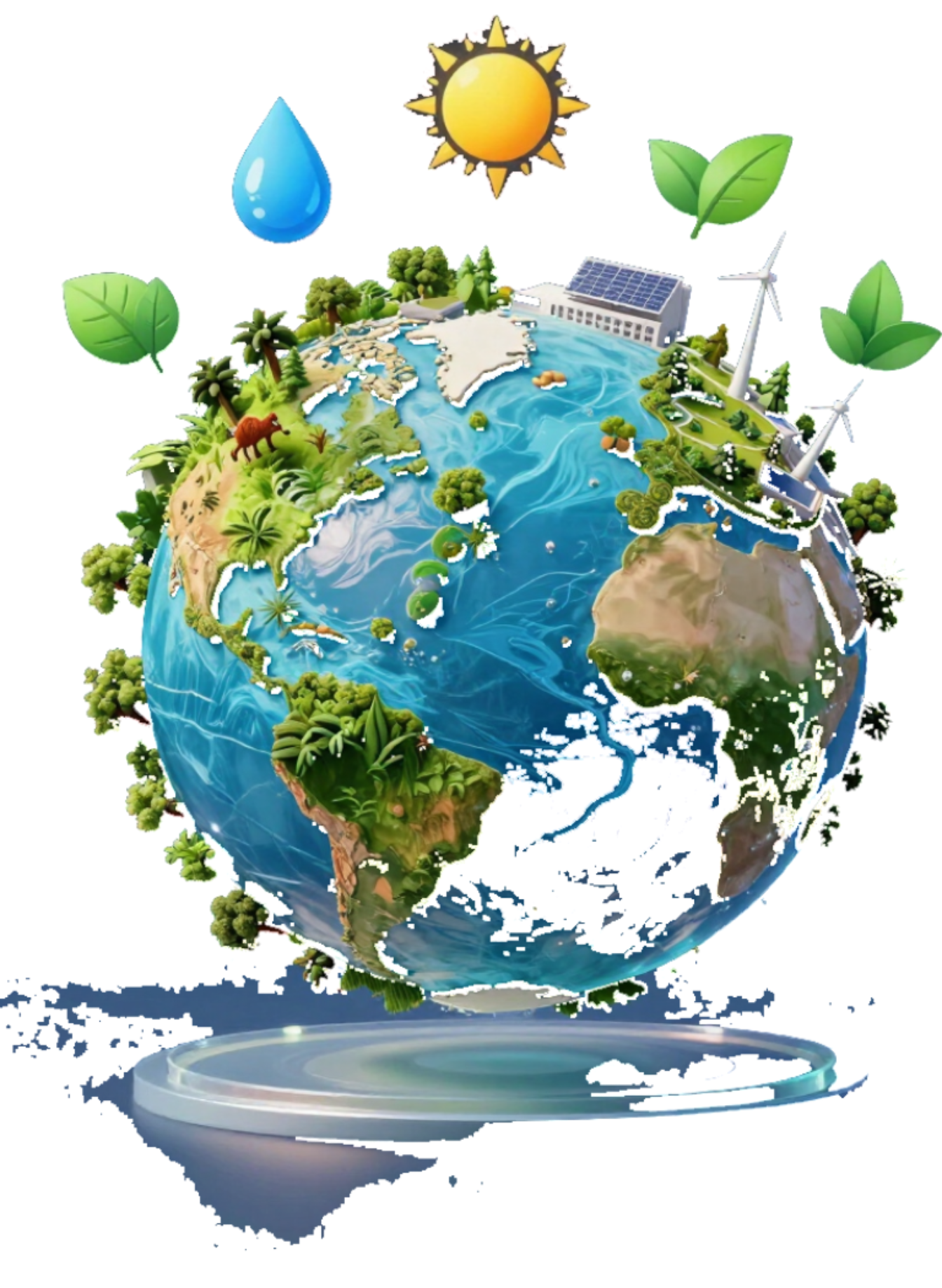 Um globo rodeado por ícones que representam a natureza, a energia solar e a água, simbolizando a sustentabilidade ambiental.