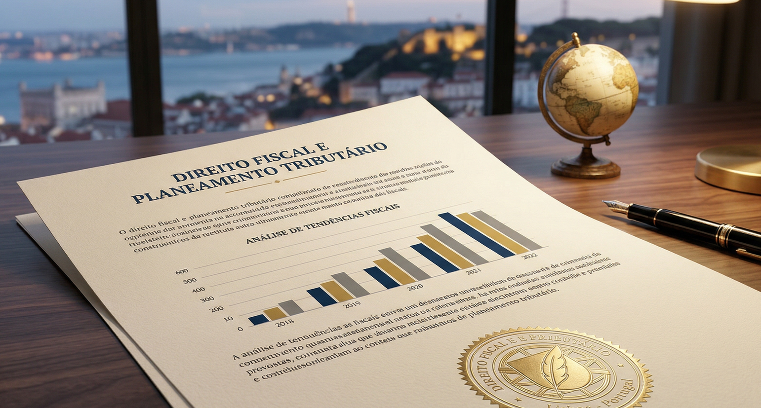 Um documento com um gráfico de barras e um selo oficial repousa sobre uma mesa de madeira perto de um globo terrestre, com vista para o horizonte da cidade ao entardecer.