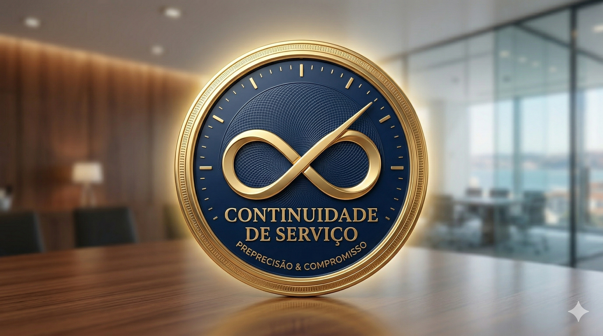 Um emblema circular azul com borda dourada, contendo um símbolo do infinito e a inscrição 