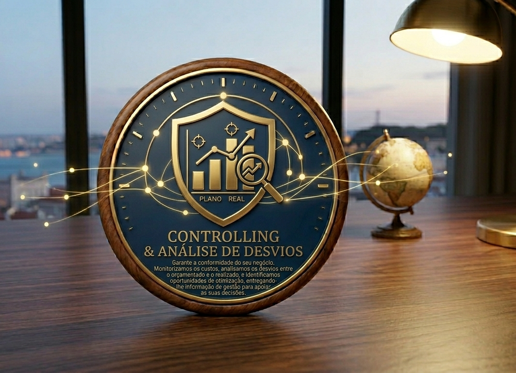 Uma placa de parede circular azul-escura com um escudo dourado, um gráfico e um logotipo de lupa sobre uma mesa de madeira com um globo terrestre.