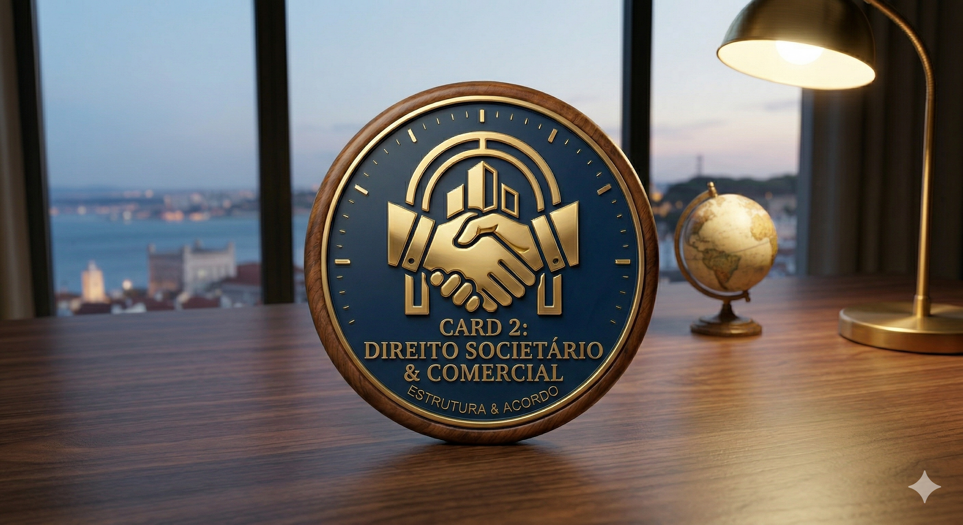 Um emblema dourado de aperto de mãos sobre uma placa circular azul, colocado em uma mesa de madeira com um globo terrestre e um abajur em uma sala com vista para a cidade.