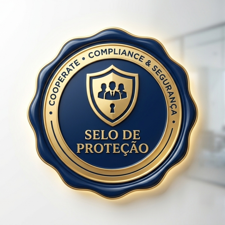 Um selo circular dourado e azul-marinho apresentando um escudo com ícones de pessoas, com a inscrição 