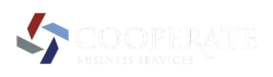 Logotipo da Cooperate Business Services, apresentando um design geom&eacute;trico abstrato em forma de catavento nas cores bordo, azul e cinza.