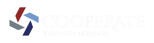 Logotipo da Cooperate Business Services, apresentando um ícone abstrato de catavento dividido em quatro partes nas cores vermelho, azul claro, cinza e azul escuro.