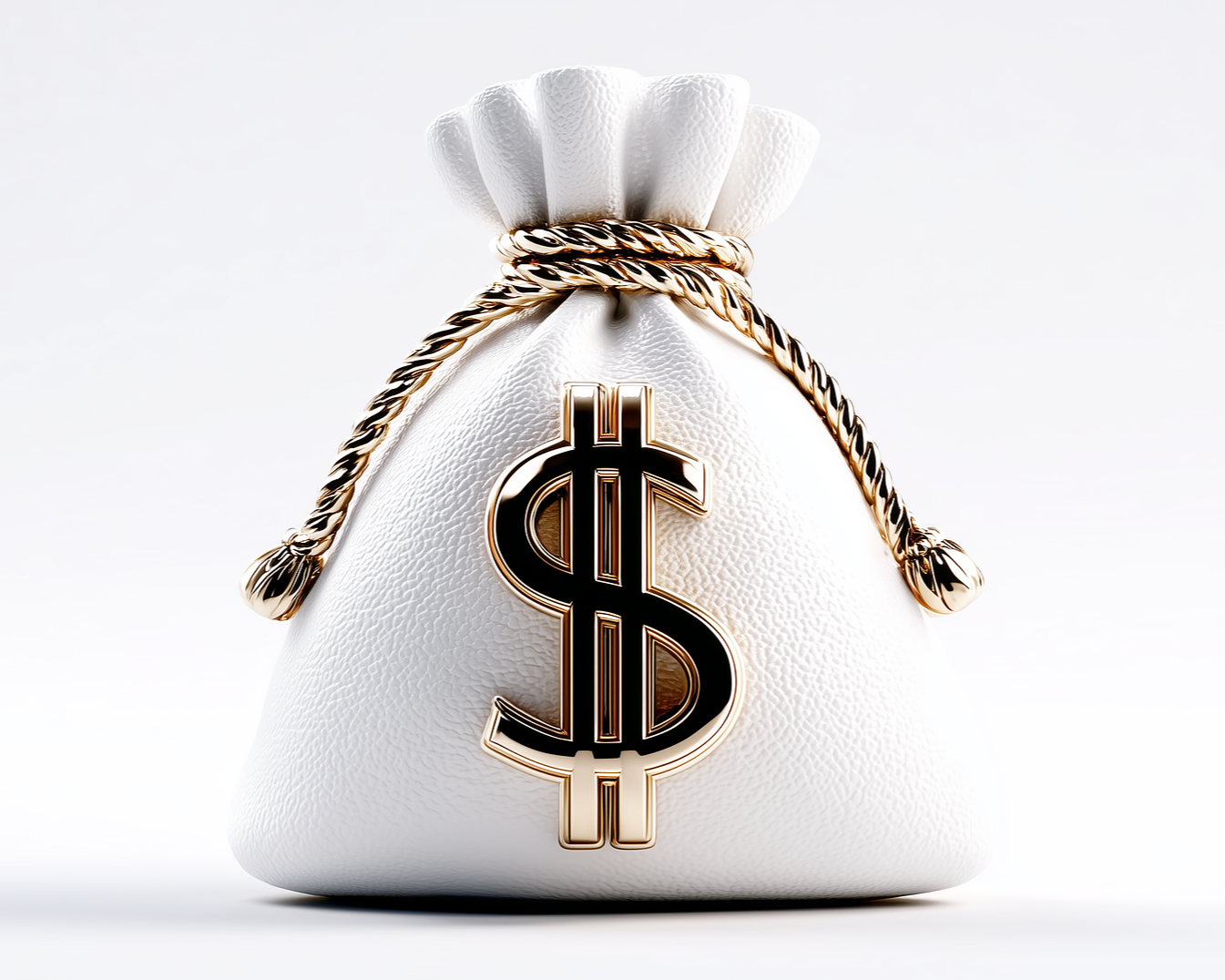 Uma sacola de dinheiro branca com cordão, apresentando um símbolo de dólar dourado metálico centralizado sobre um fundo branco liso.