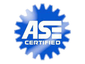 ASE Certified logo, blue gear shape, white text 