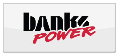 Banks Power logo in black and red text on a white rectangle with a glossy effect.
