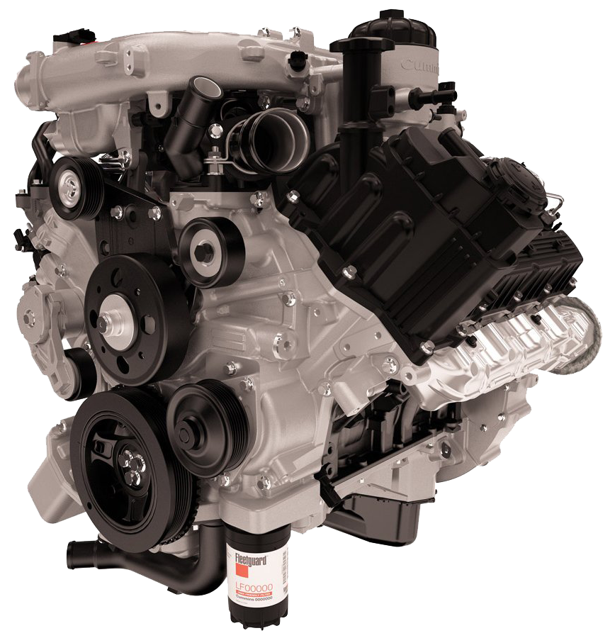 Gray diesel engine with black components, belts, and filter.