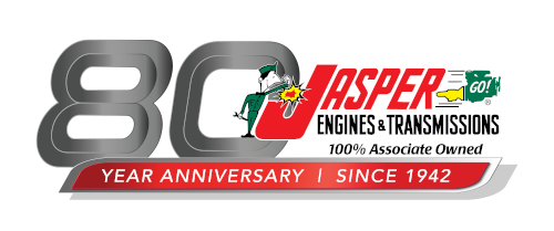 Logo celebrating Jasper Engines & Transmissions' 80th anniversary since 1942. Features the company name and an illustration.
