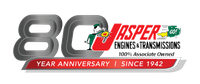 Logo celebrating Jasper Engines & Transmissions' 80th anniversary since 1942. Features the company name and an illustration.