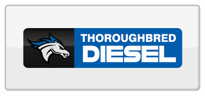 Logo for Thoroughbred Diesel: white horse head with blue mane, blue and black background, and white text on blue background.