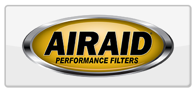 Logo for AIRAID Performance Filters, with a gold oval with black text inside a silver oval, on a white background.