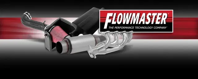 Flowmaster car parts with logo on red background.