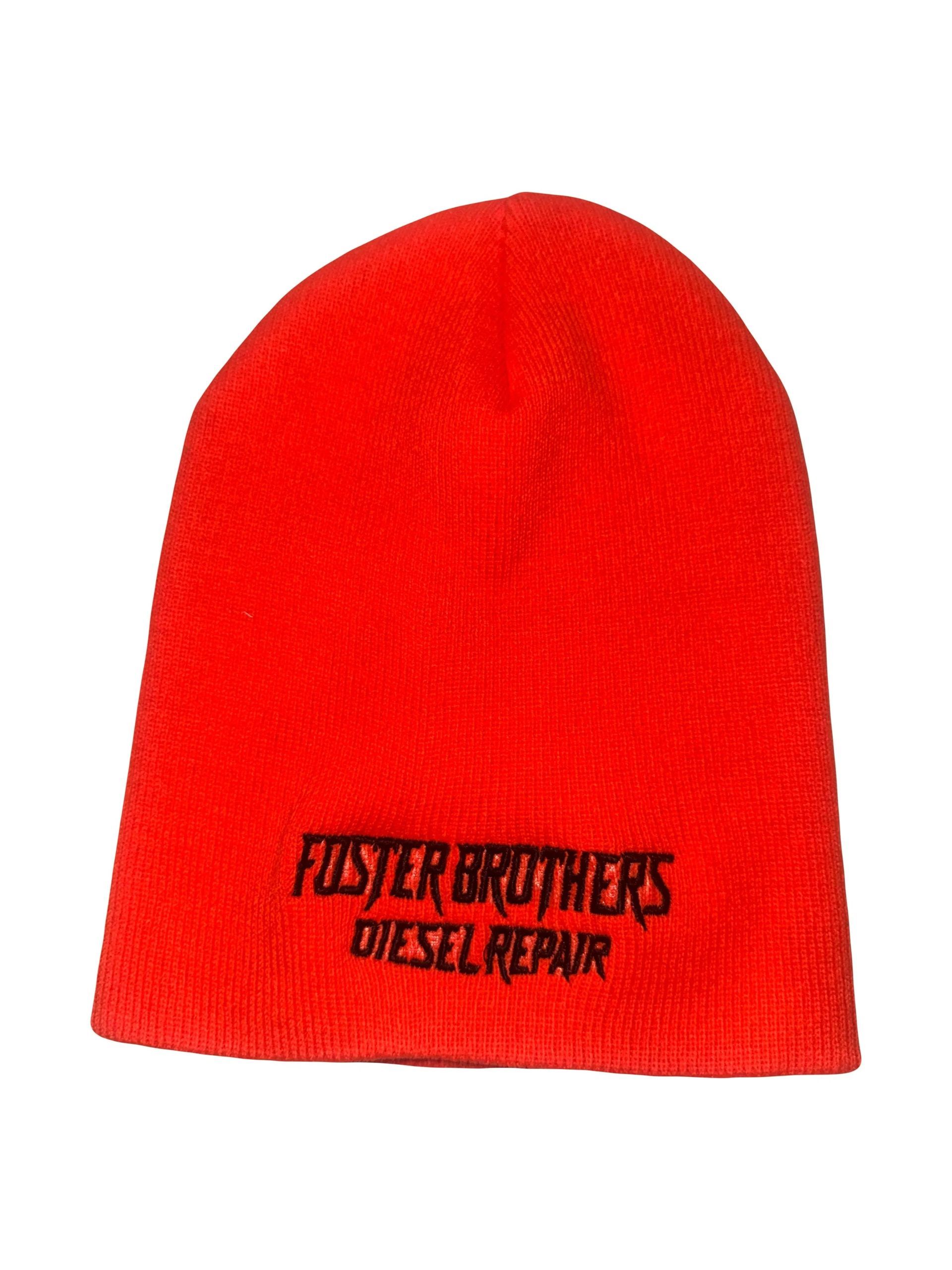 Bright red beanie with "Foster Brothers Diesel Repair" embroidered in black.