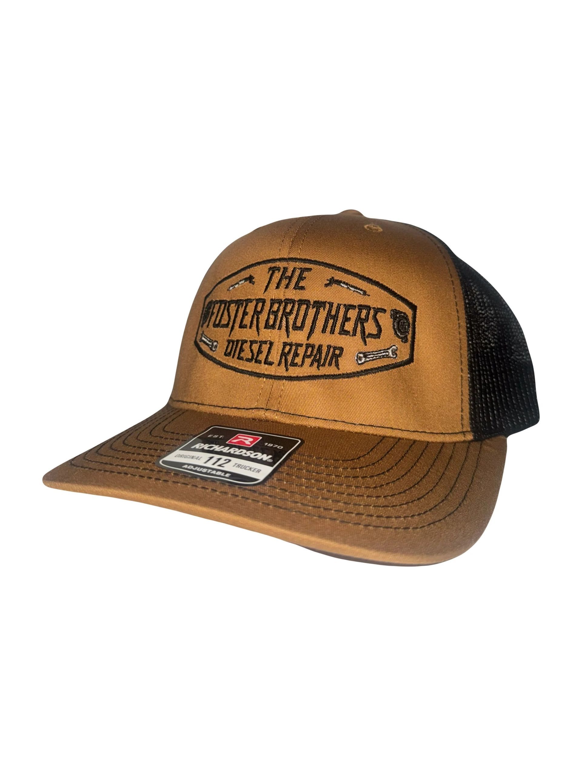 Brown and black trucker hat with 