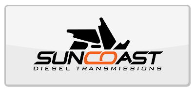 Logo for SunCoast Diesel Transmissions. Features black and orange text and an abstract black shape.