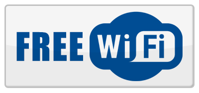 "FREE Wi-Fi" sign with white text on a blue cloud icon, on a white rectangular button.